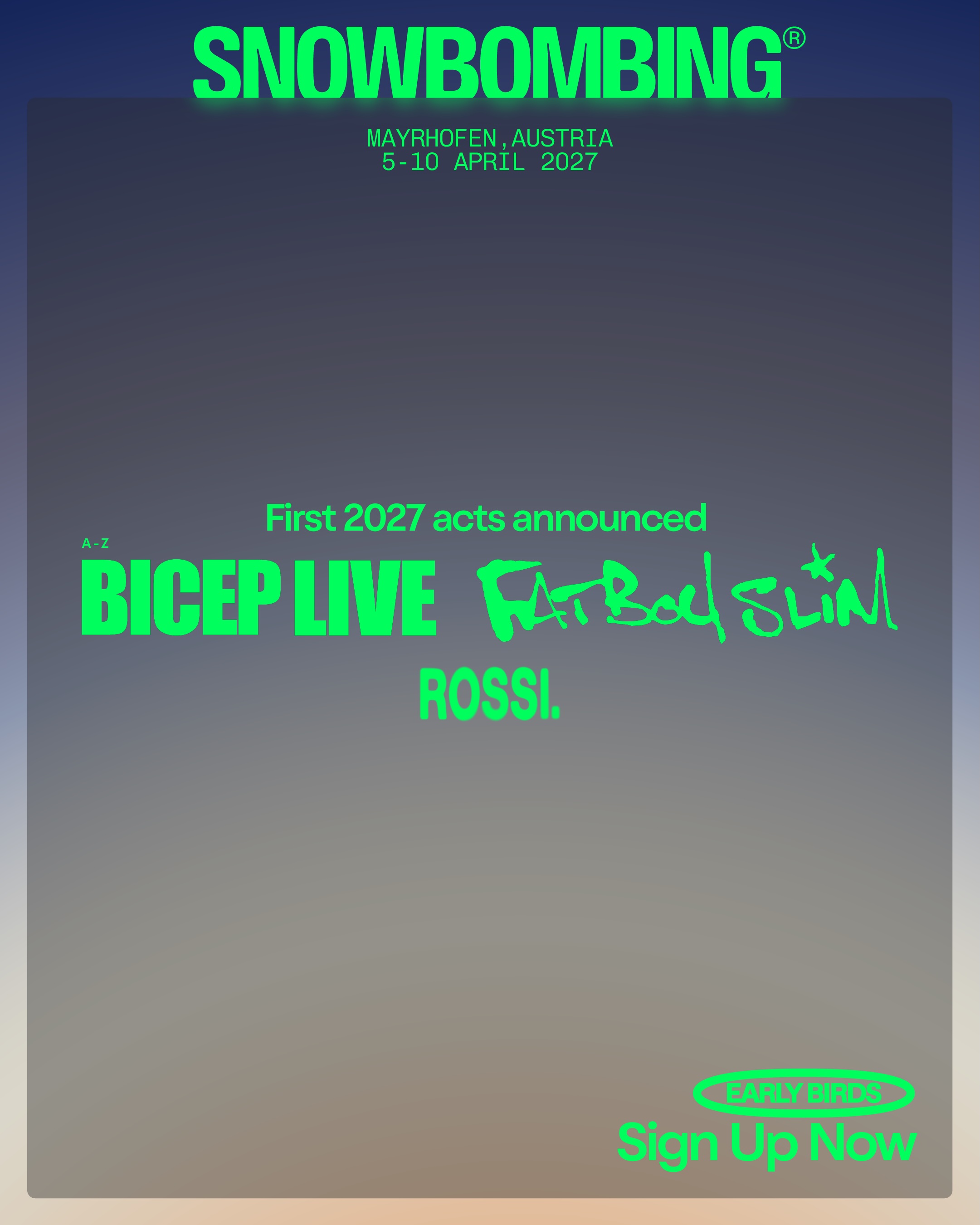 Plakat der ersten Snowbombing-2027-Ankündigung mit den drei zuerst genannten Acts