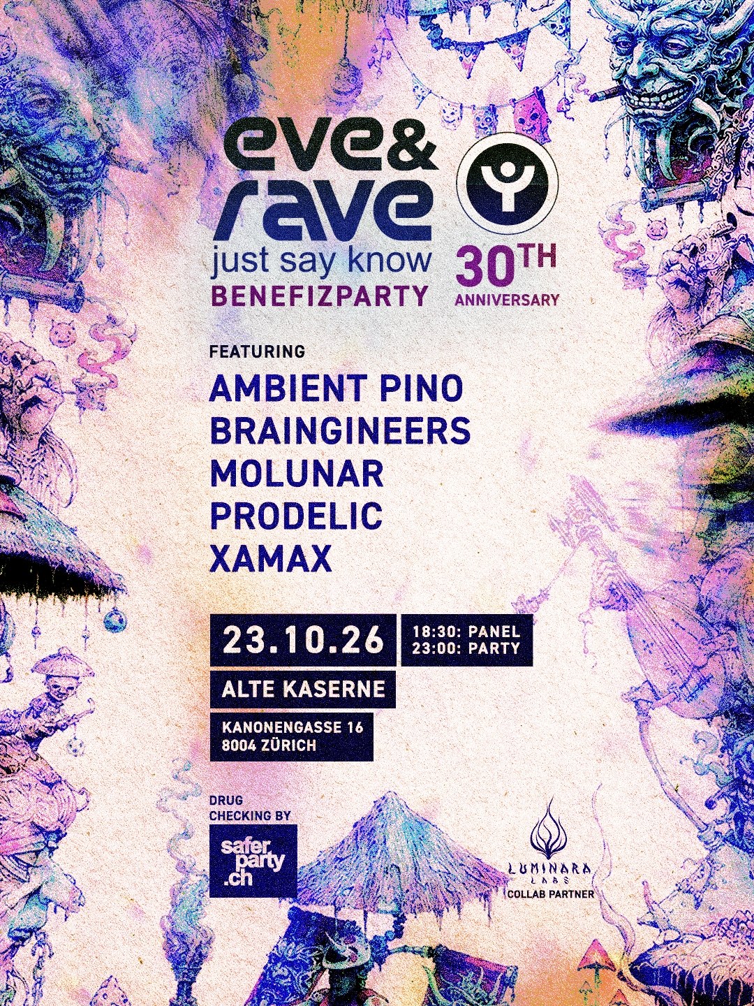 eve&rave Benefizparty 30th event poster