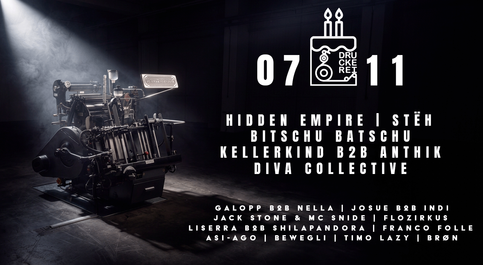DRUCKEREI BIRTHDAY 2 YEARS event poster